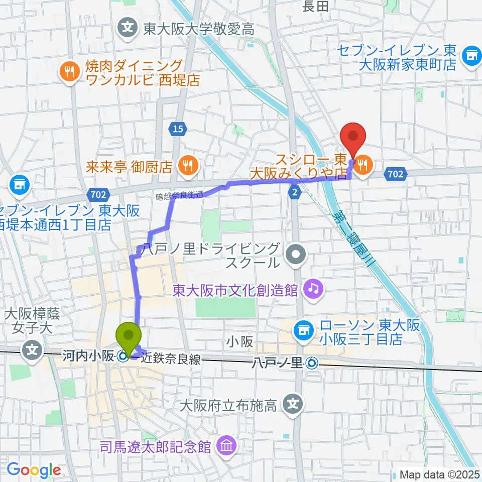 河内小阪駅からル・シャトン音楽教室へのルートマップ地図