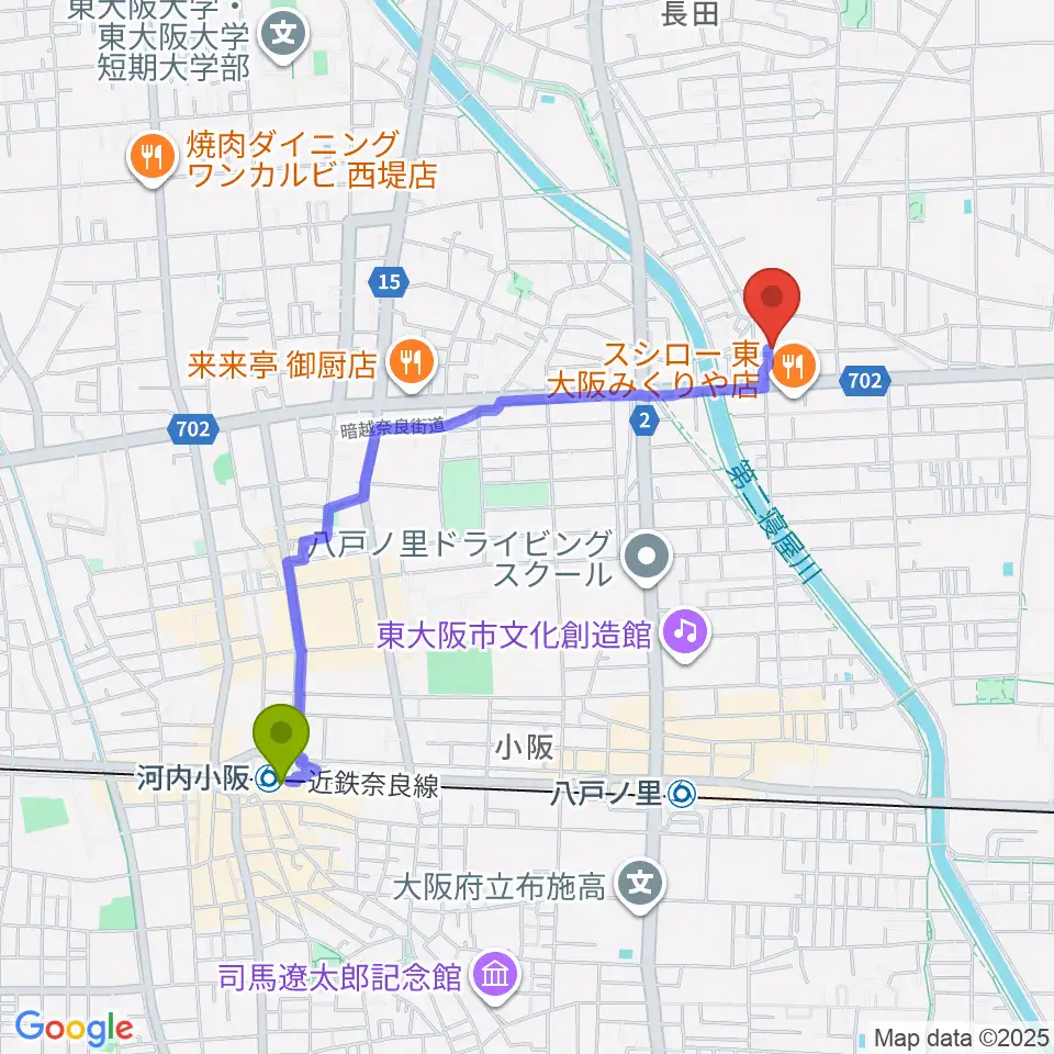 河内小阪駅からル・シャトン音楽教室へのルートマップ地図