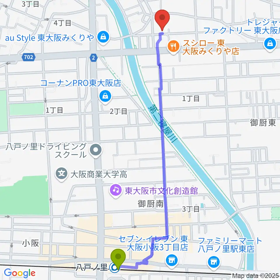 ル・シャトン音楽教室の最寄駅八戸ノ里駅からの徒歩ルート（約14分）地図