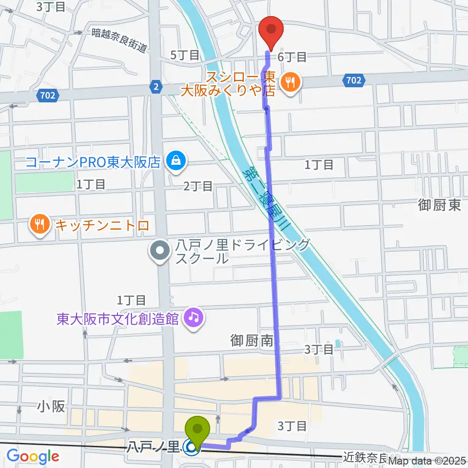 ル・シャトン音楽教室の最寄駅八戸ノ里駅からの徒歩ルート（約14分）地図