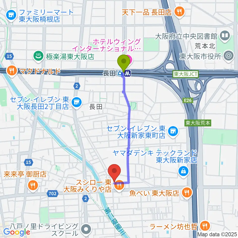 長田駅からル・シャトン音楽教室へのルートマップ地図