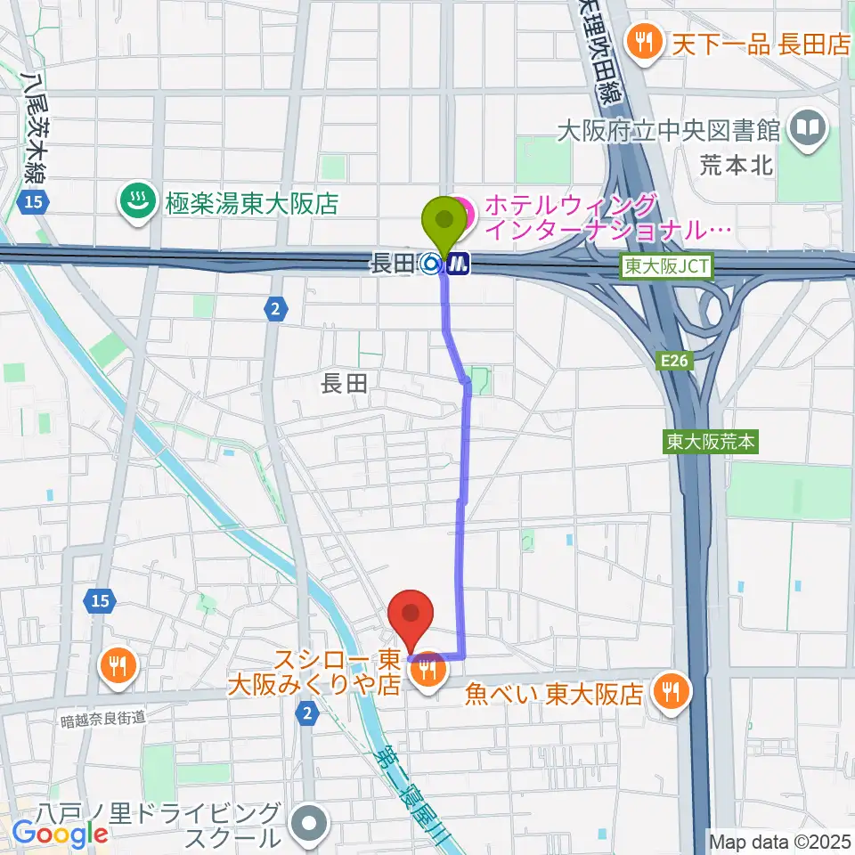 長田駅からル・シャトン音楽教室へのルートマップ地図