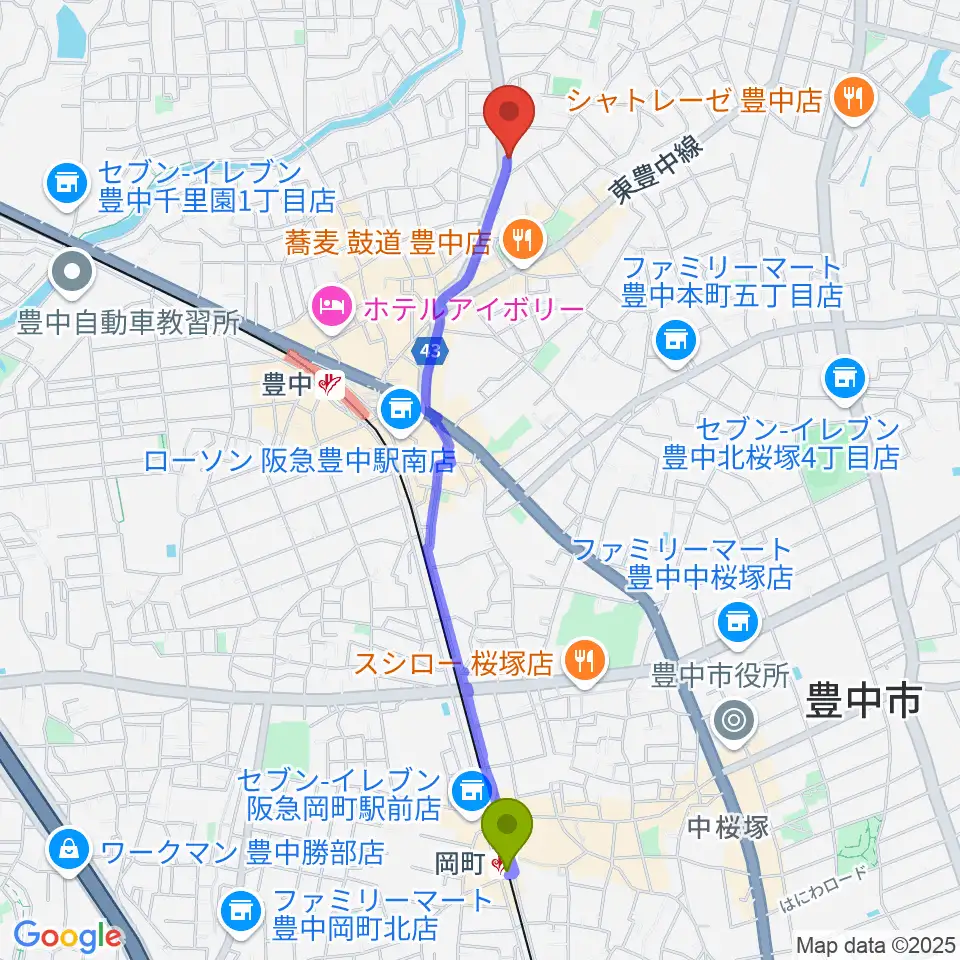 岡町駅からリベルタピアノ学院へのルートマップ地図