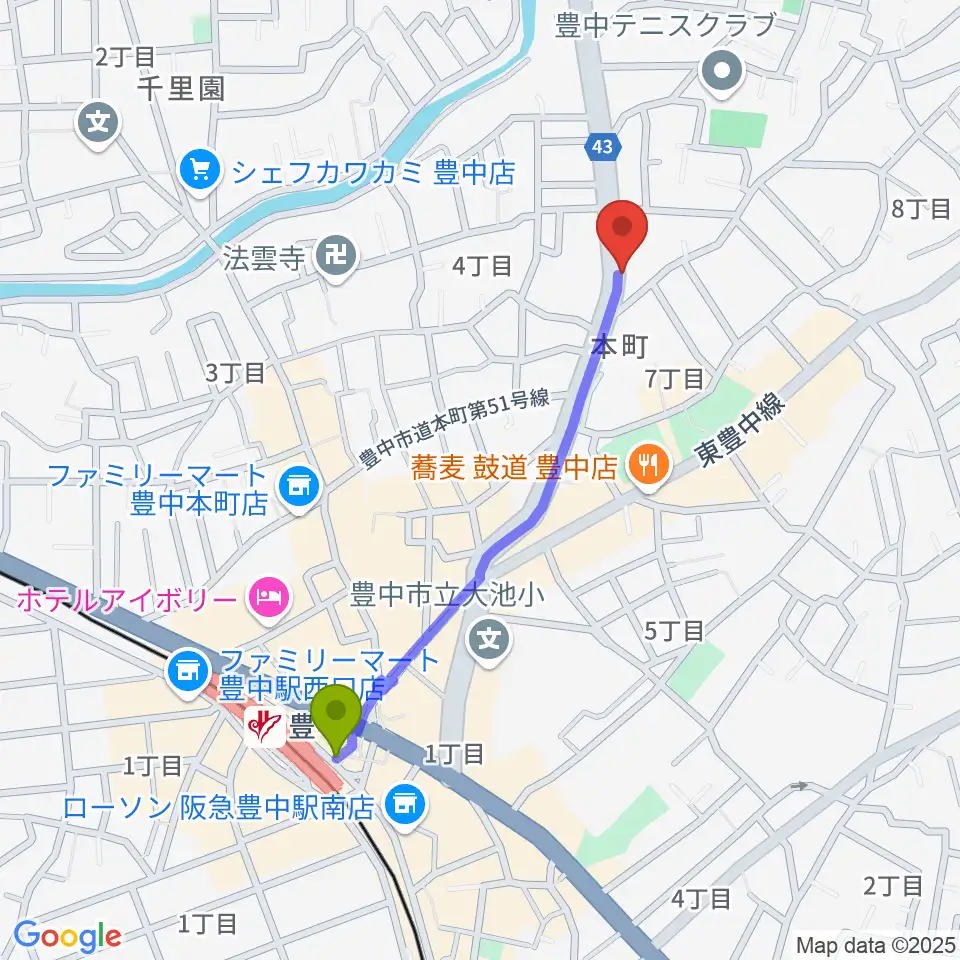 リベルタピアノ学院の最寄駅豊中駅からの徒歩ルート（約9分）地図