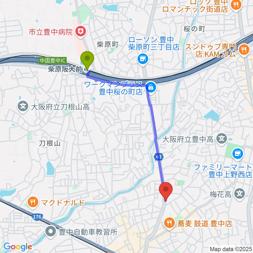 柴原阪大前駅からリベルタピアノ学院へのルートマップ地図