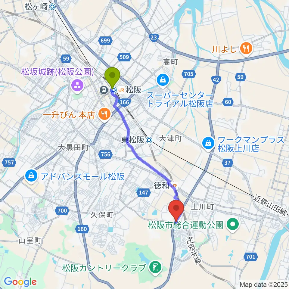 松阪駅からタックガッキ音楽教室へのルートマップ地図