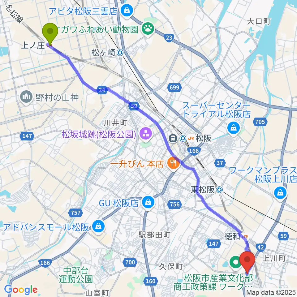 上ノ庄駅からタックガッキ音楽教室へのルートマップ地図
