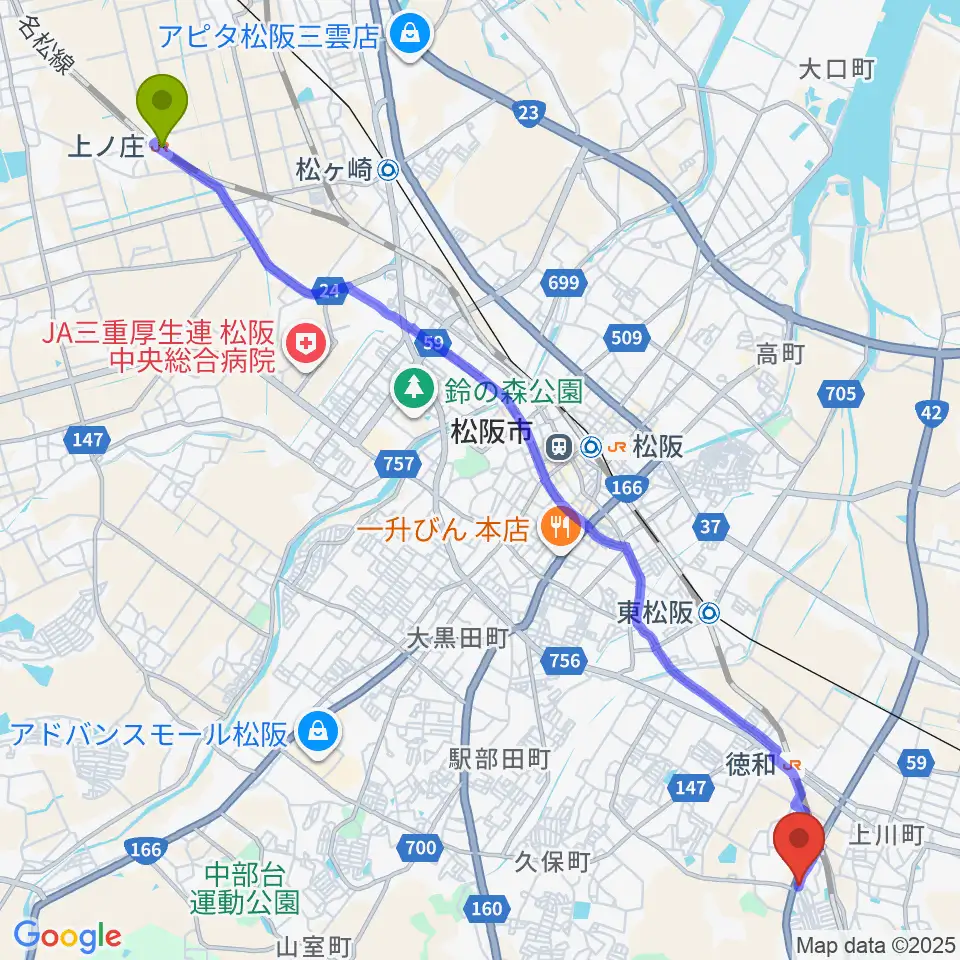 上ノ庄駅からタックガッキ音楽教室へのルートマップ地図
