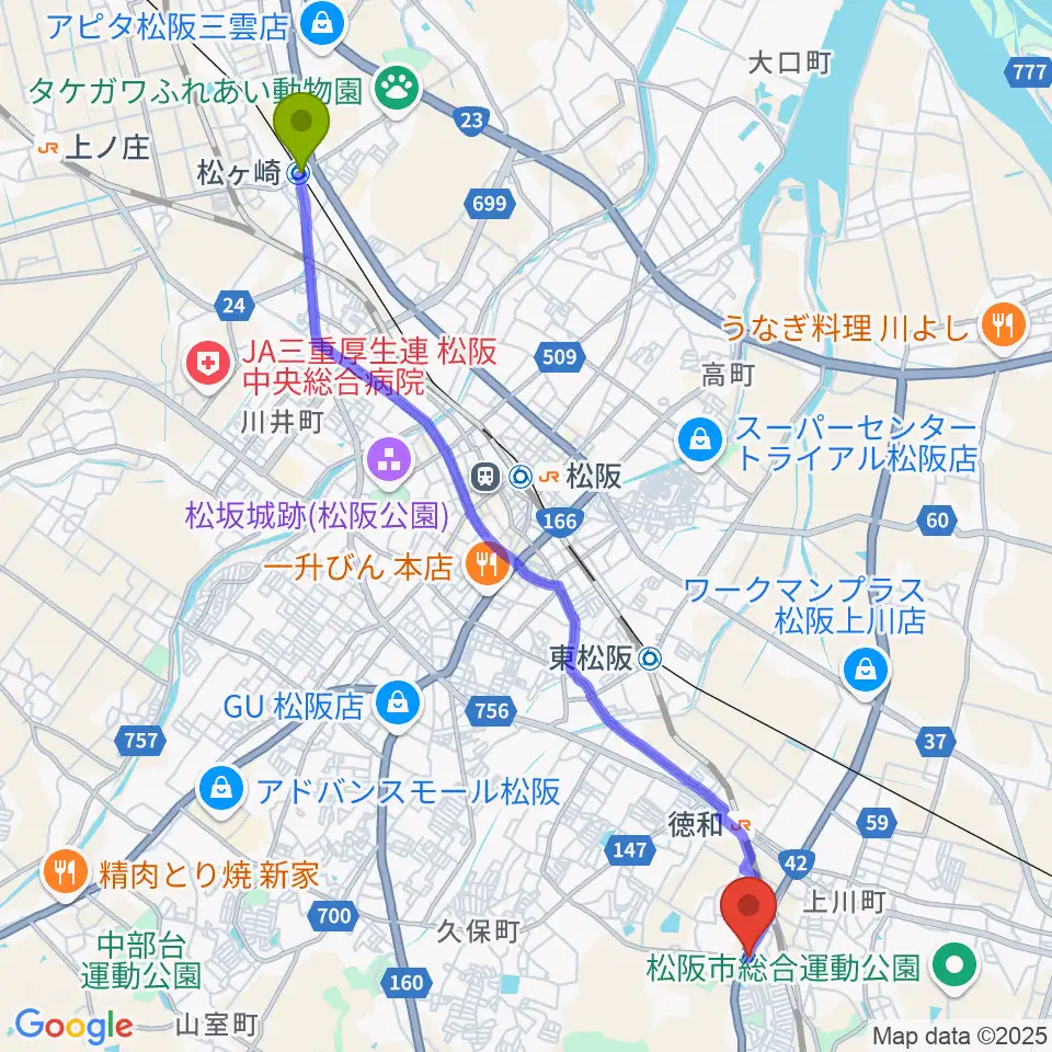 松ヶ崎駅からタックガッキ音楽教室へのルートマップ地図