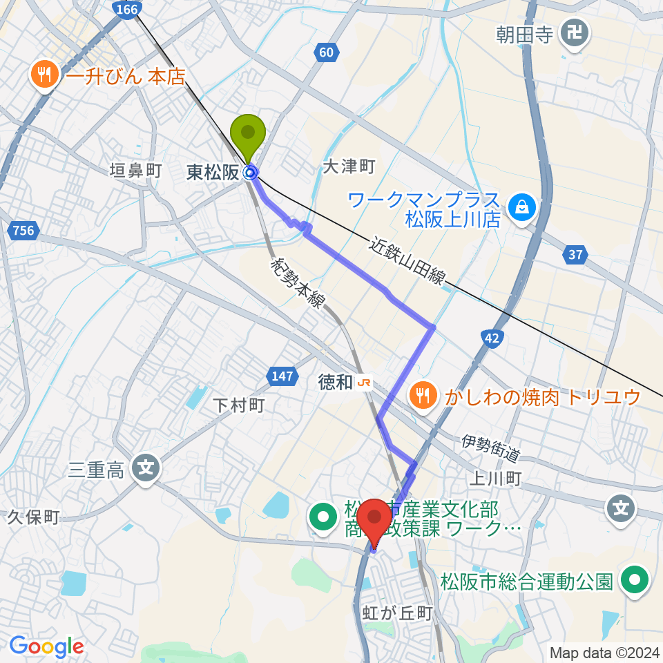 東松阪駅からタックガッキ音楽教室へのルートマップ地図