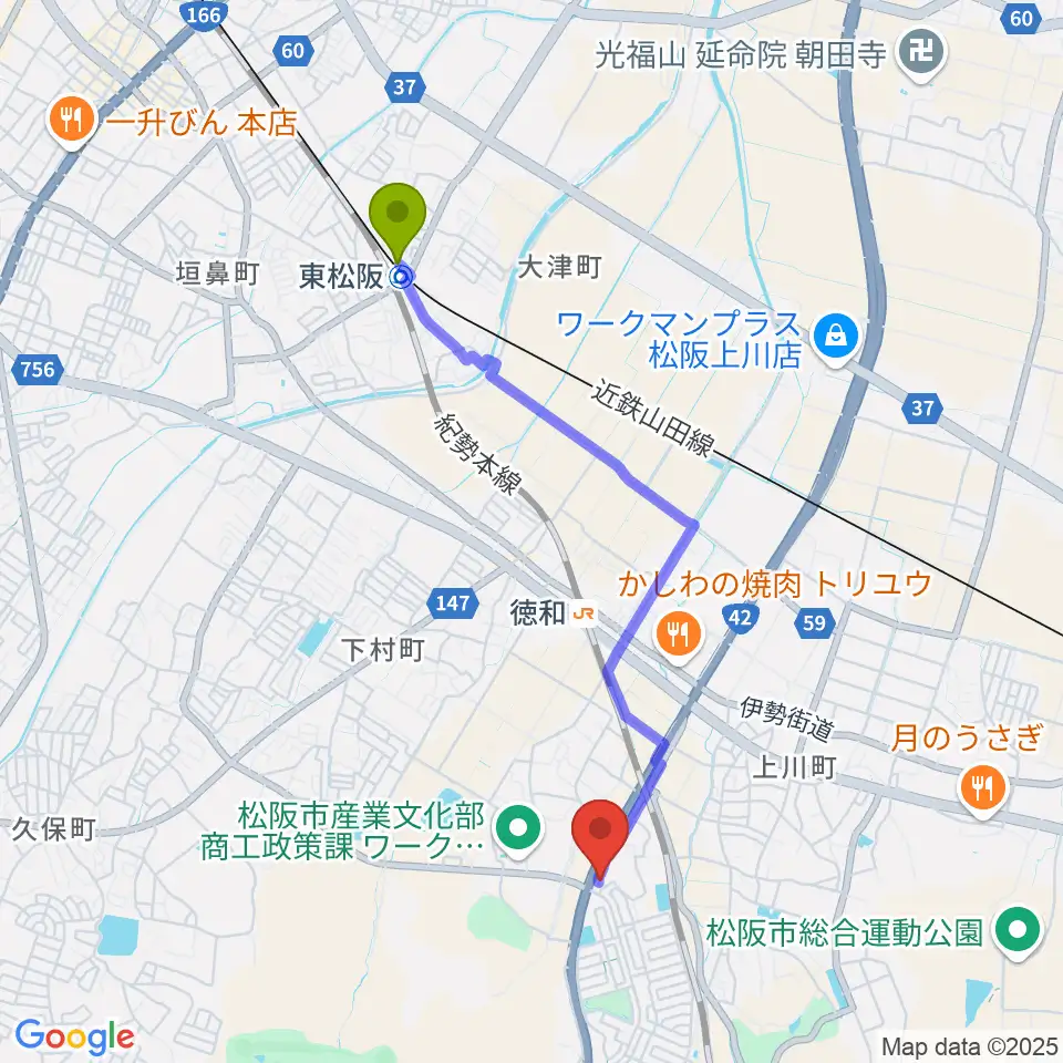 東松阪駅からタックガッキ音楽教室へのルートマップ地図