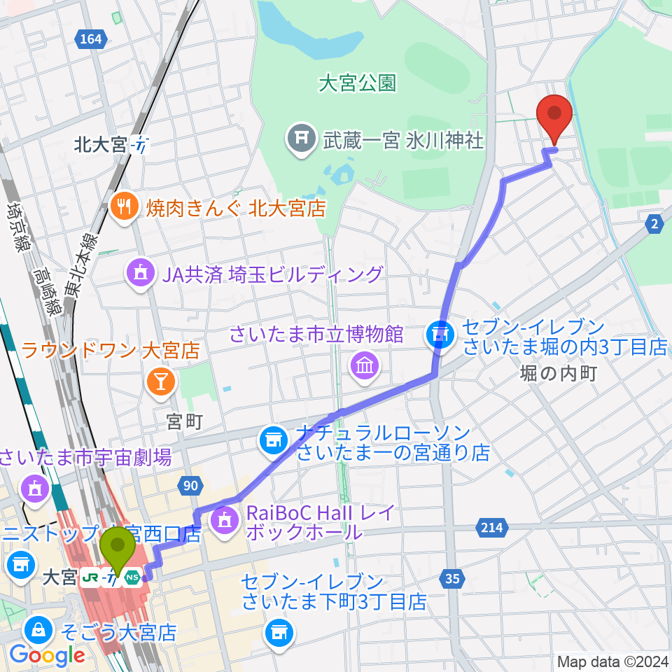 大宮駅から三村音楽教室へのルートマップ地図