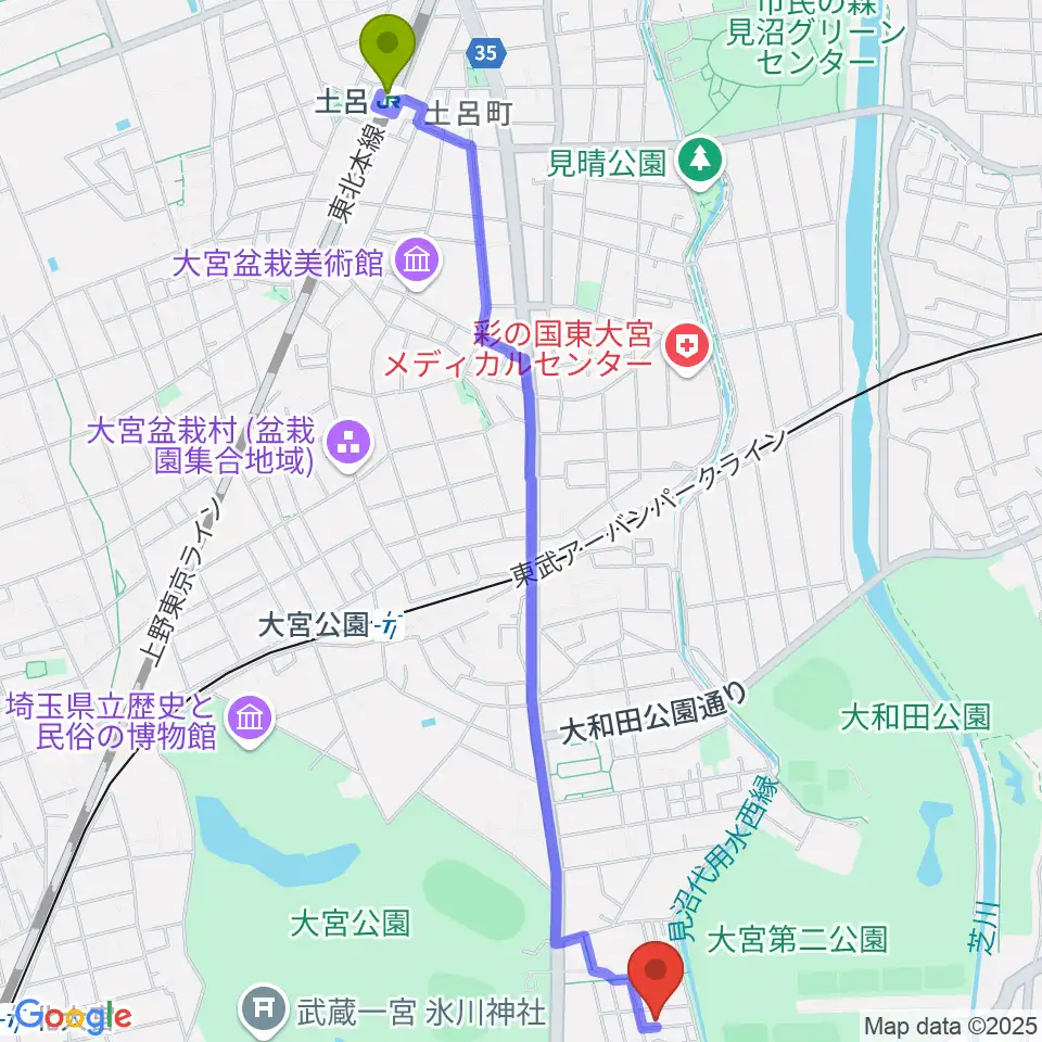 土呂駅から三村音楽教室へのルートマップ地図