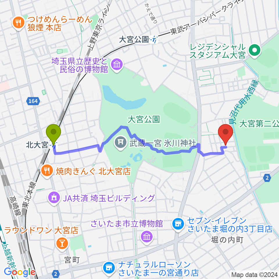 北大宮駅から三村音楽教室へのルートマップ地図