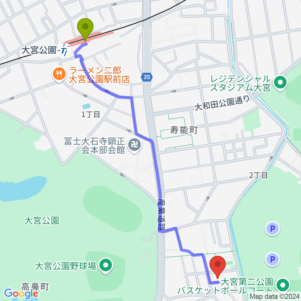 三村音楽教室の最寄駅大宮公園駅からの徒歩ルート（約14分）地図