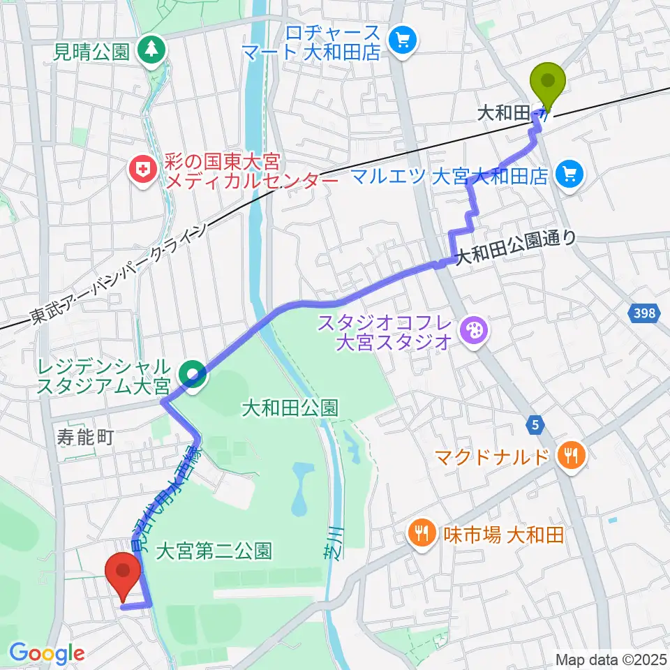 大和田駅から三村音楽教室へのルートマップ地図
