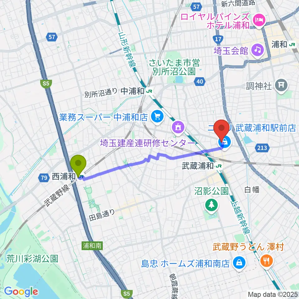 西浦和駅からみどりピアノ教室へのルートマップ地図