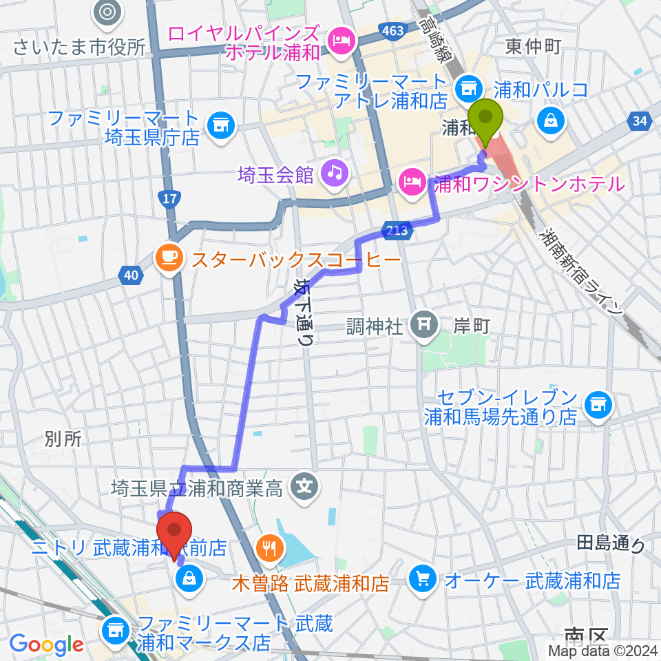 浦和駅からみどりピアノ教室へのルートマップ地図