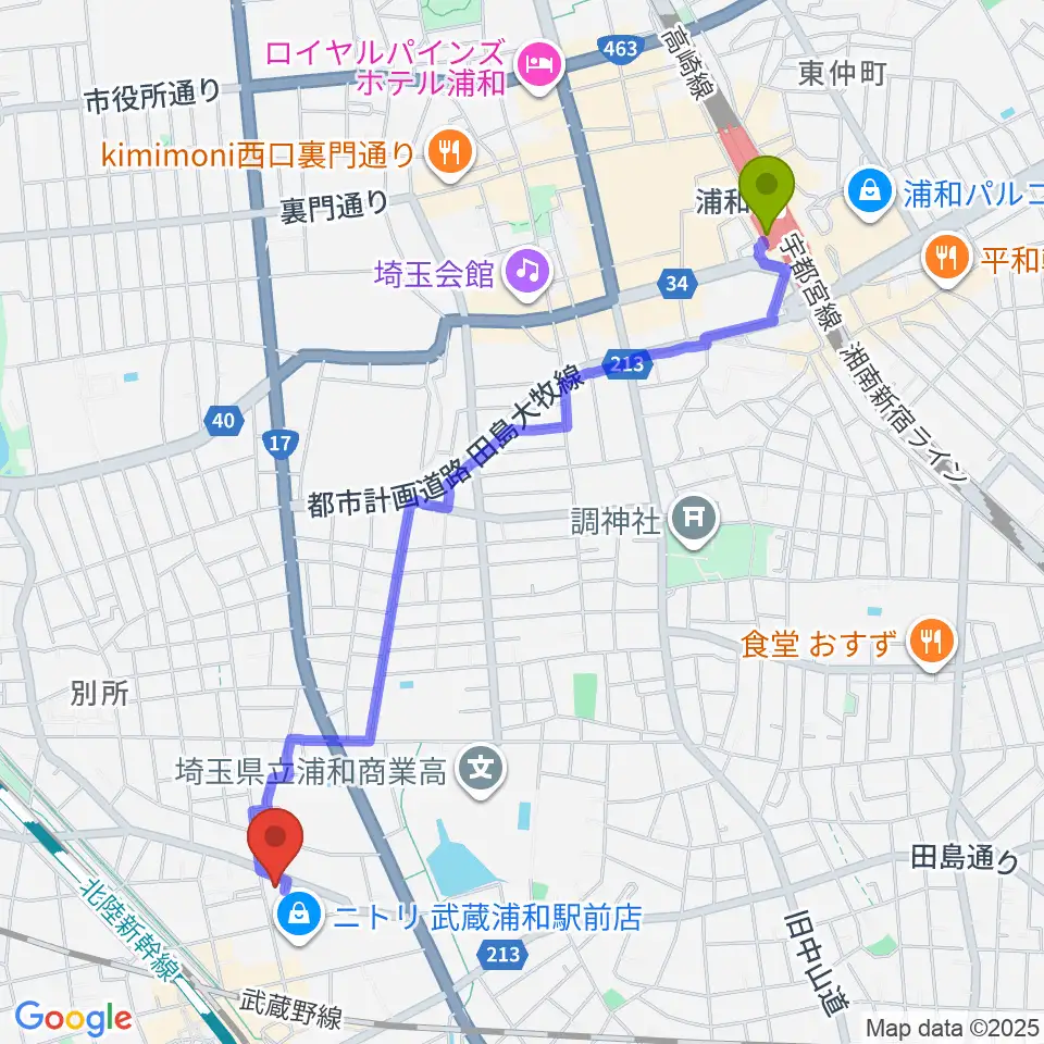 浦和駅からみどりピアノ教室へのルートマップ地図