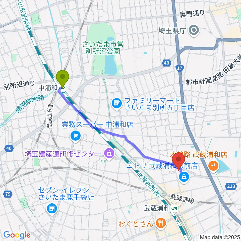 中浦和駅からみどりピアノ教室へのルートマップ地図