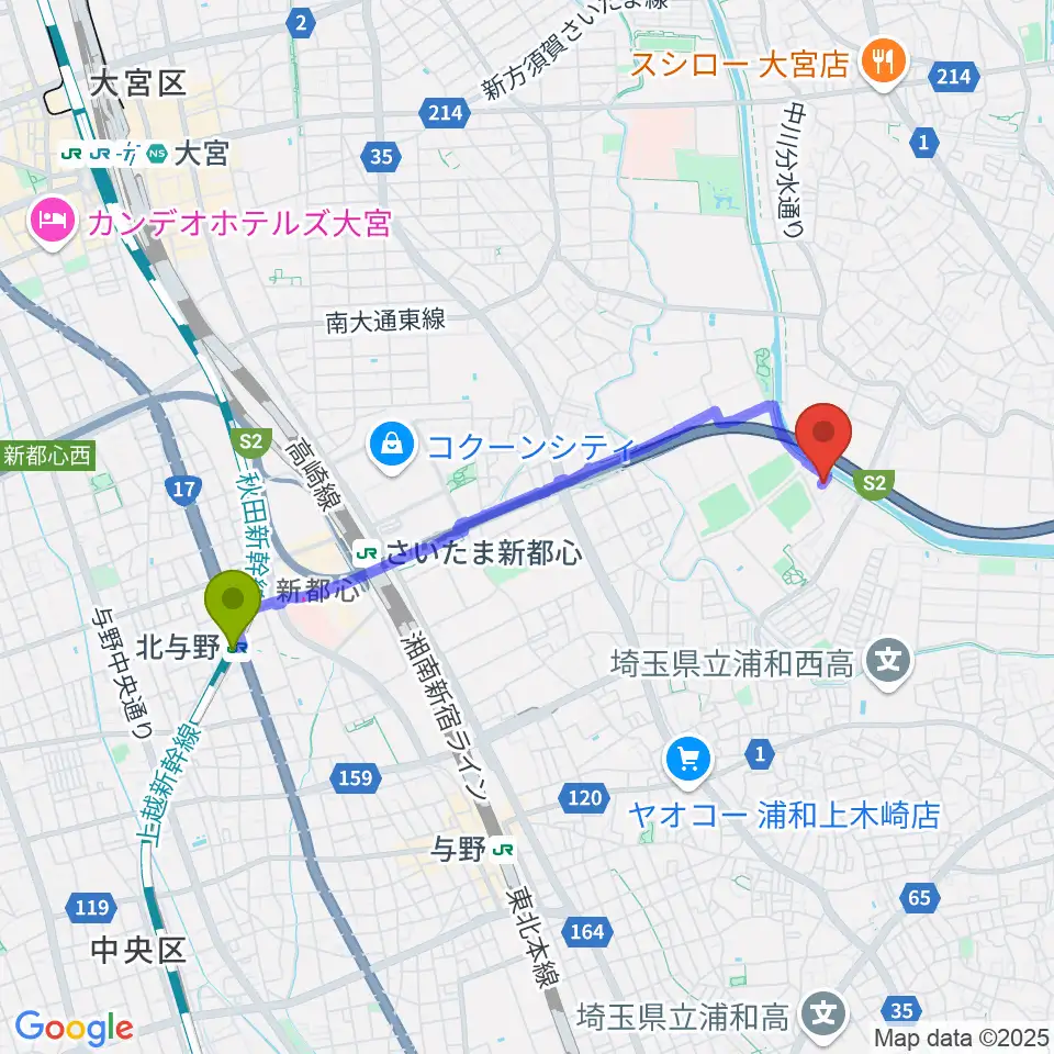 北与野駅からリトミック音楽教室カシュカシュへのルートマップ地図