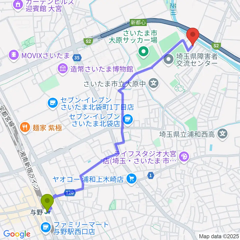 与野駅からリトミック音楽教室カシュカシュへのルートマップ地図