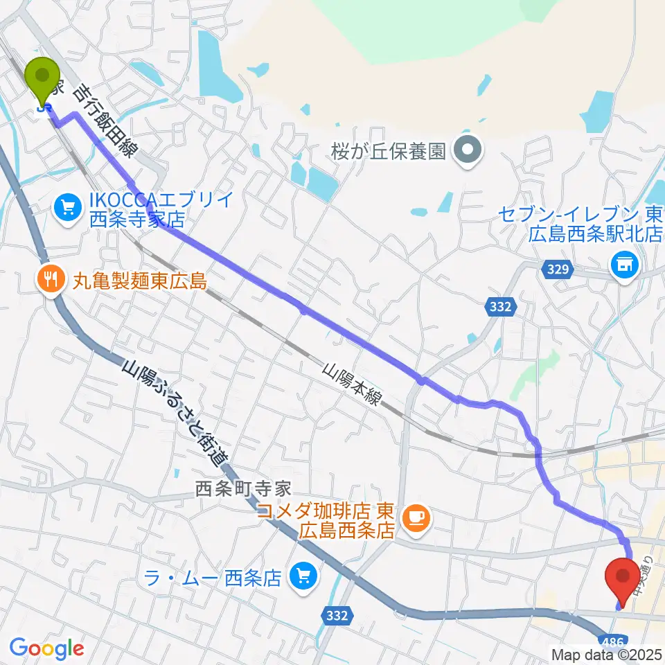 寺家駅からキハラ楽器 東広島センターへのルートマップ地図