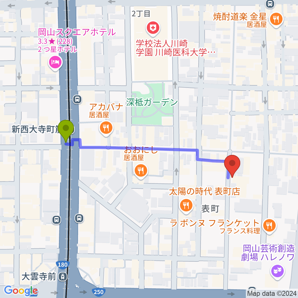 新西大寺町筋駅からイマージュ・楽器堂へのルートマップ地図