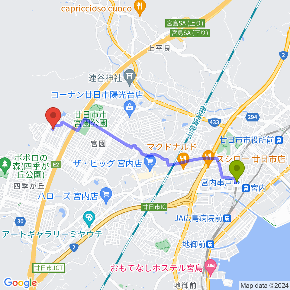 Ryo's violin lessonの最寄駅宮内串戸駅からの徒歩ルート（約42分）地図