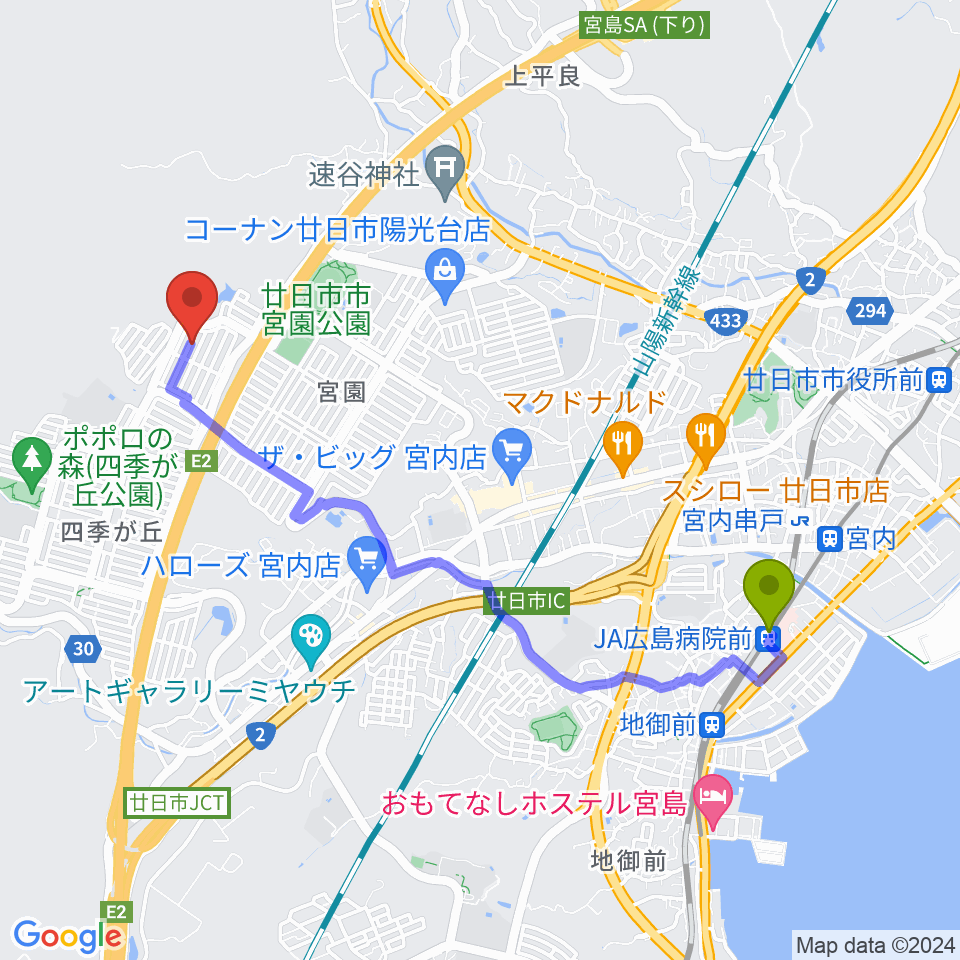 ＪＡ広島病院前駅からRyo's violin lessonへのルートマップ地図
