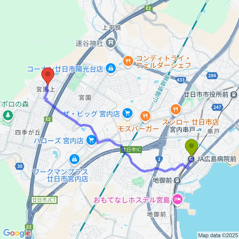 ＪＡ広島病院前駅からRyo's violin lessonへのルートマップ地図