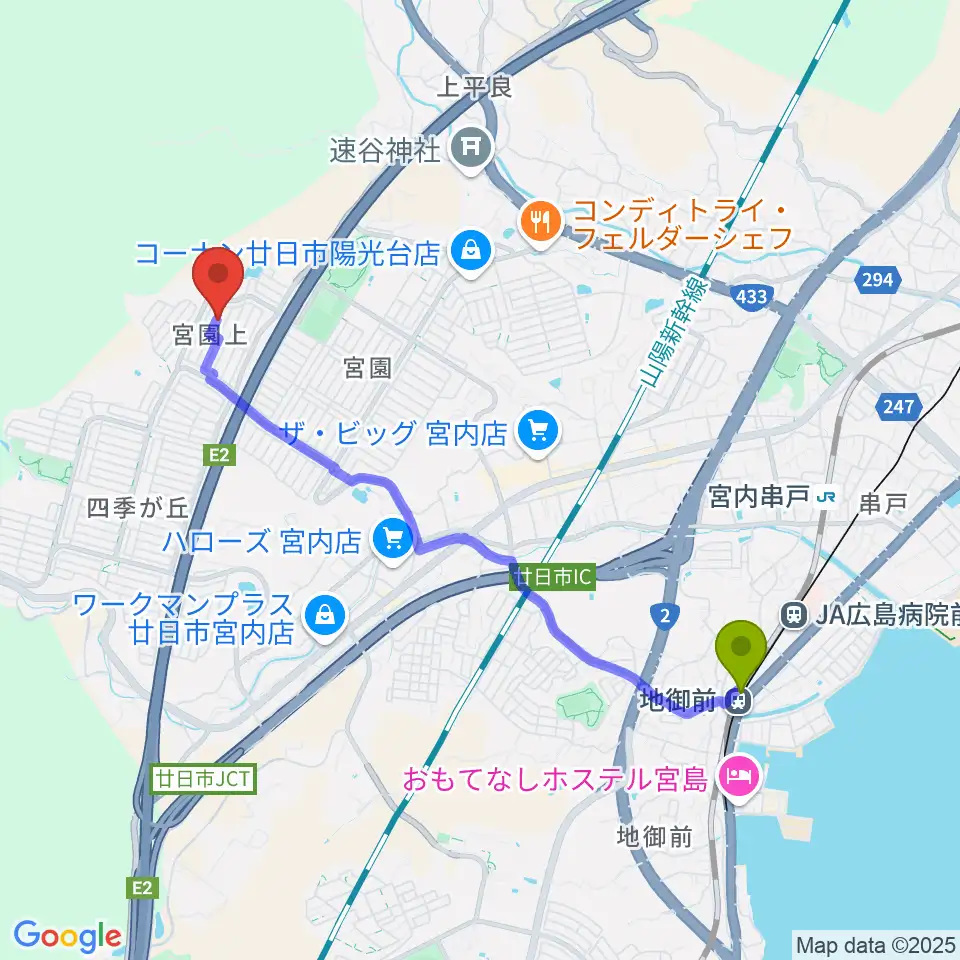 地御前駅からRyo's violin lessonへのルートマップ地図