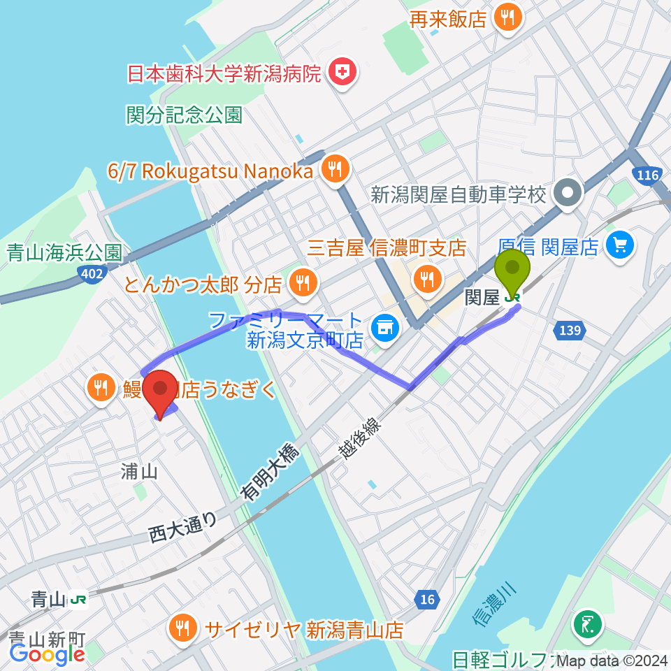 関屋駅からフリービー音楽教室へのルートマップ地図