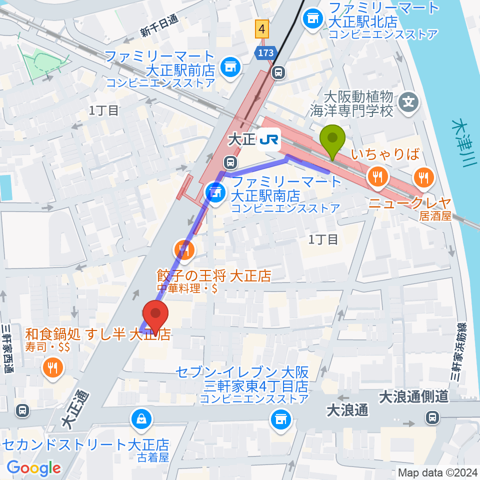 アバロンスパイラルの最寄駅大正駅からの徒歩ルート（約4分）地図