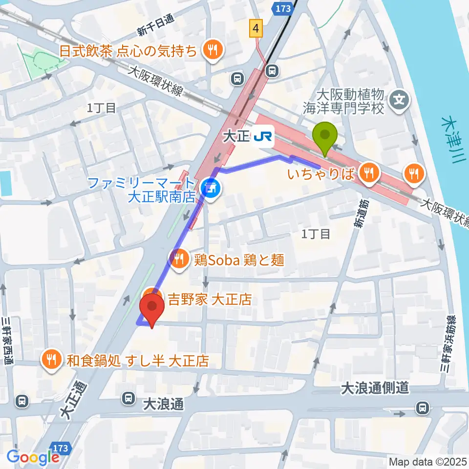 アバロンスパイラルの最寄駅大正駅からの徒歩ルート（約4分）地図