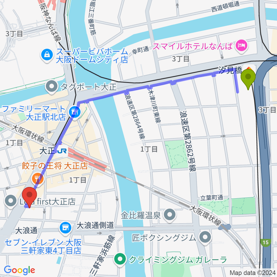 汐見橋駅からアバロンスパイラルへのルートマップ地図