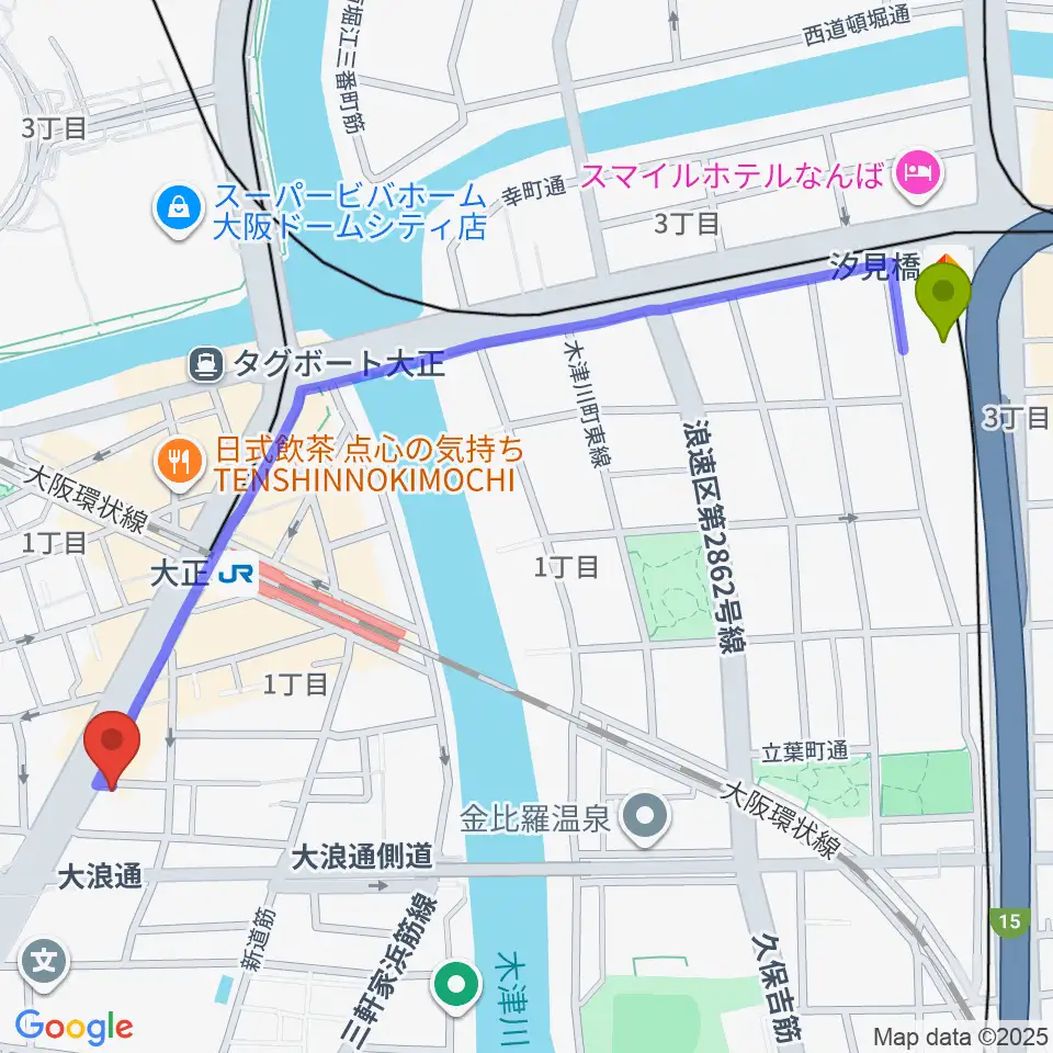 汐見橋駅からアバロンスパイラルへのルートマップ地図