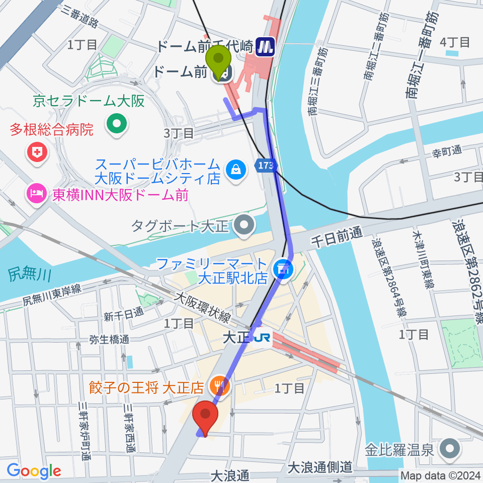 ドーム前駅からアバロンスパイラルへのルートマップ地図