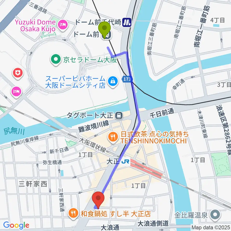 ドーム前駅からアバロンスパイラルへのルートマップ地図