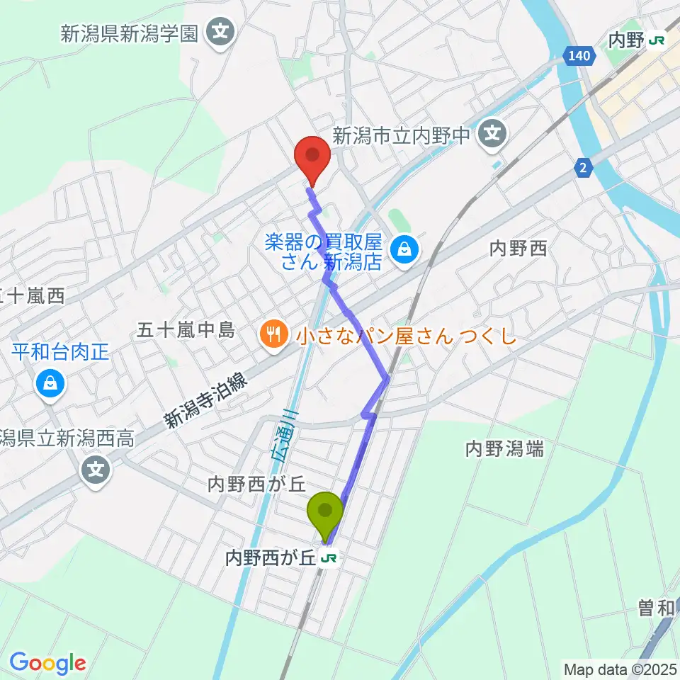 村山ピアノ教室の最寄駅内野西が丘駅からの徒歩ルート（約16分）地図