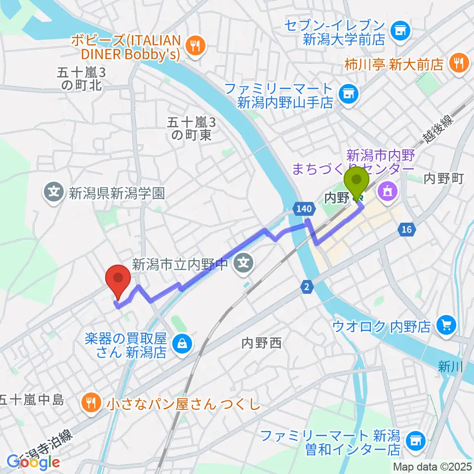内野駅から村山ピアノ教室へのルートマップ地図