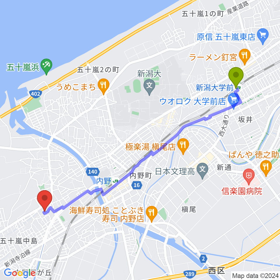 新潟大学前駅から村山ピアノ教室へのルートマップ地図