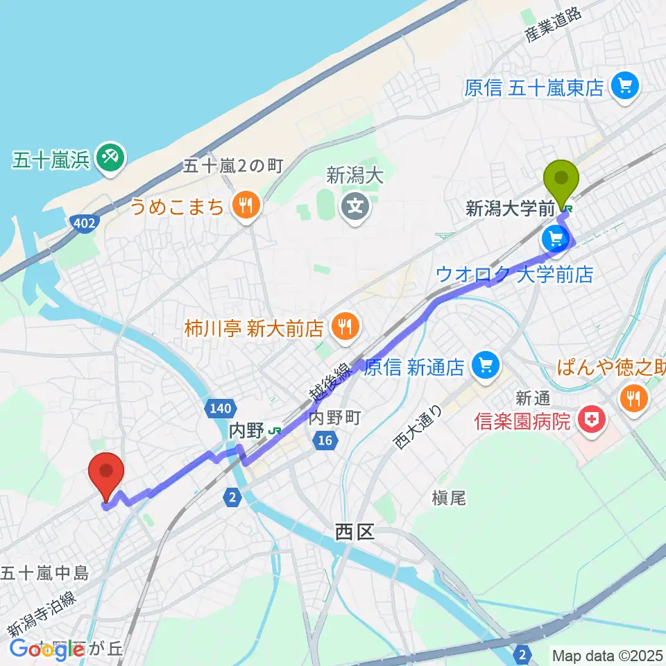 新潟大学前駅から村山ピアノ教室へのルートマップ地図