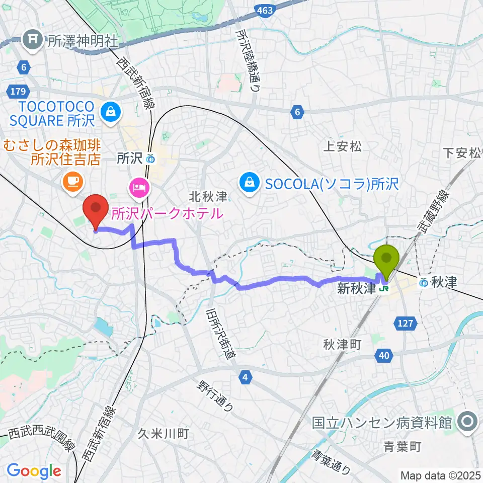 新秋津駅から山本かずみピアノ教室へのルートマップ地図