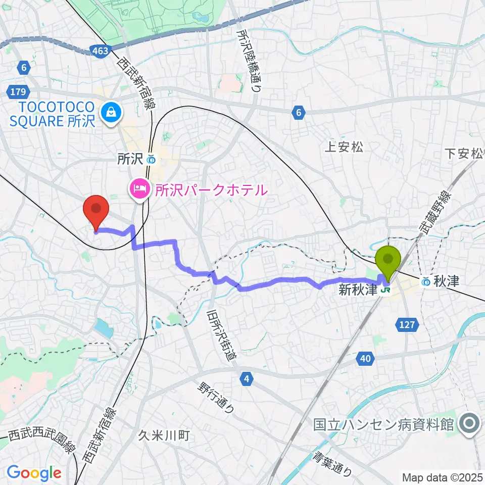 新秋津駅から山本かずみピアノ教室へのルートマップ地図