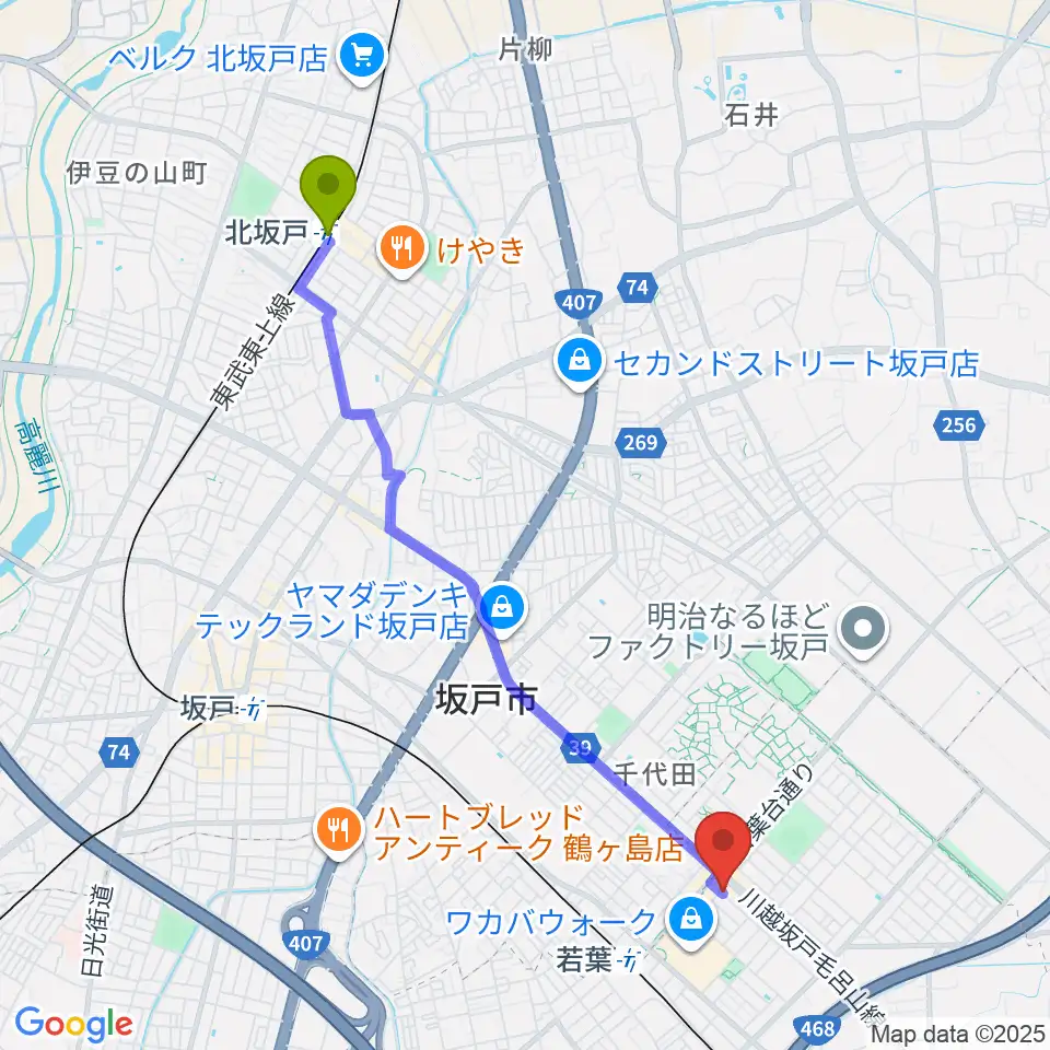 北坂戸駅からおんがくえんへのルートマップ地図