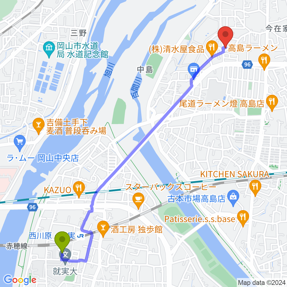 西川原駅から加藤楽器音楽教室へのルートマップ地図