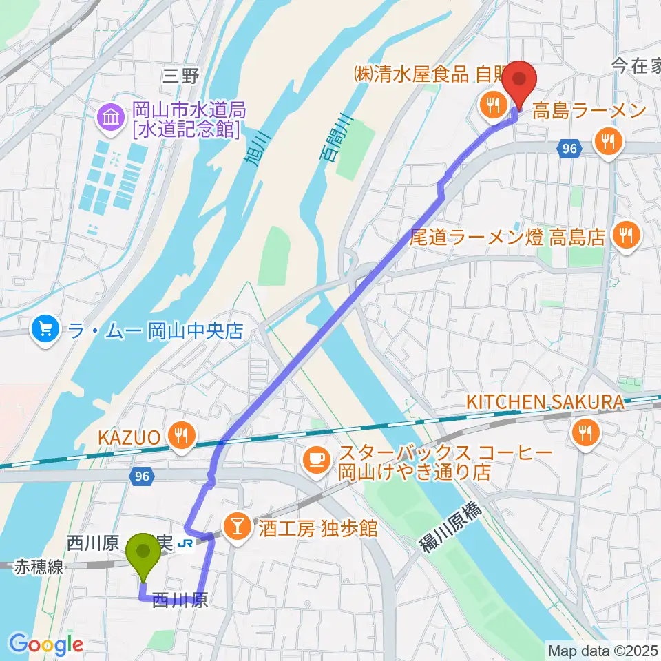 西川原駅から加藤楽器音楽教室へのルートマップ地図