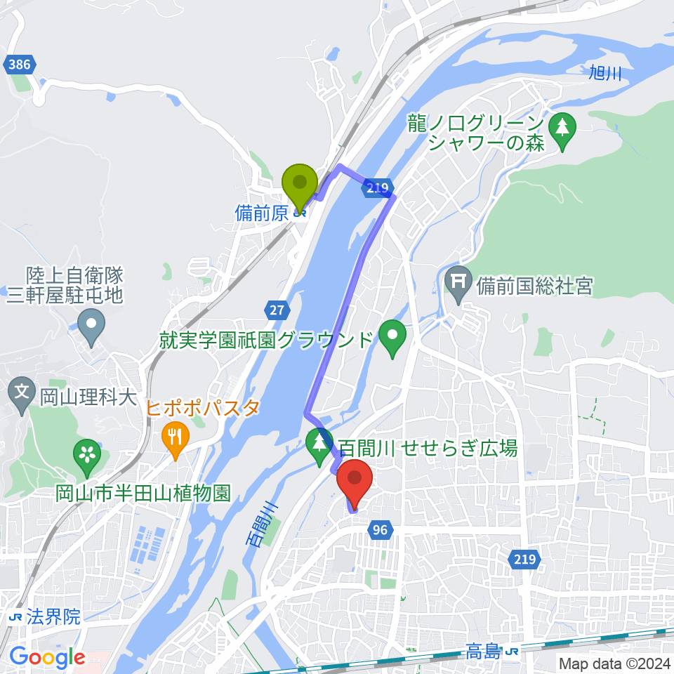 備前原駅から加藤楽器音楽教室へのルートマップ地図