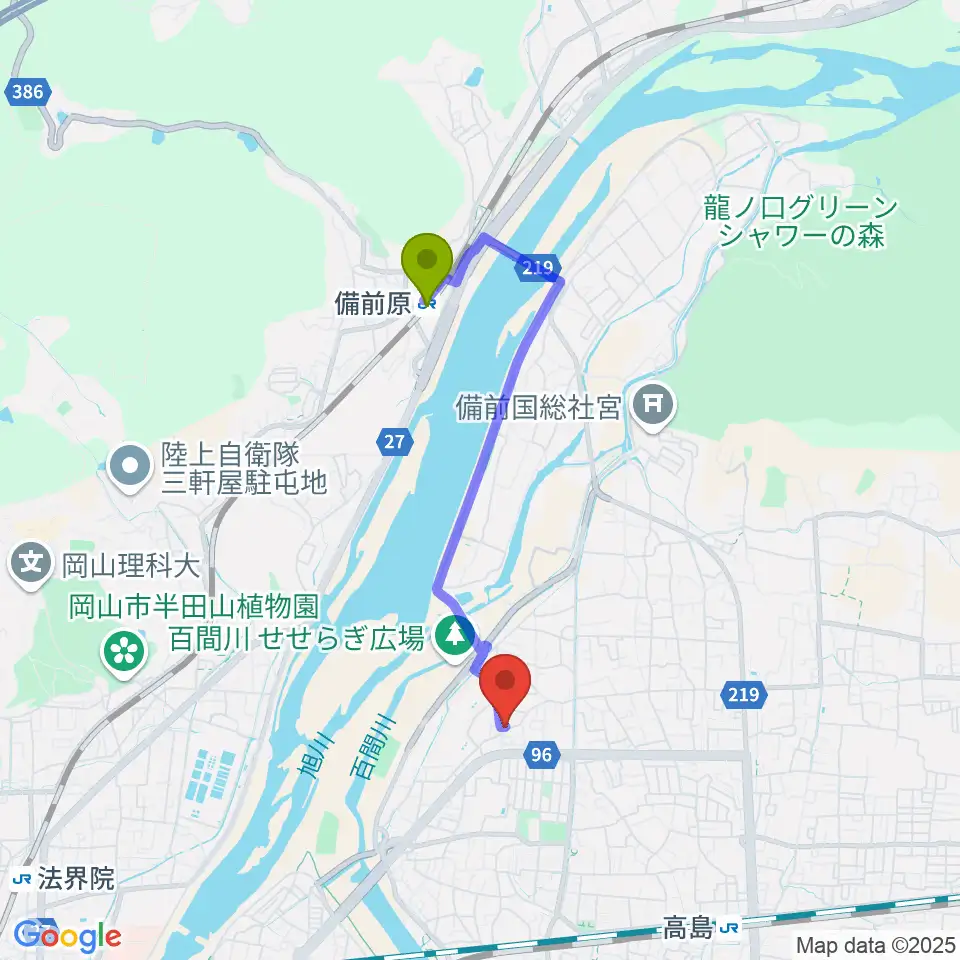 備前原駅から加藤楽器音楽教室へのルートマップ地図